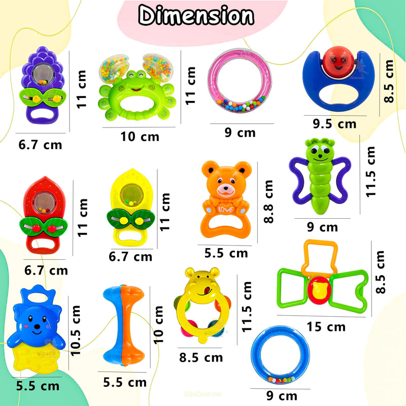 WISHKEY Plastic Colorful Non Toxic BPA Free Shake & Grab Rattles and Soothing Teethers for Babies & Infants, Early Age Toys for Kids (Pack of 13, Multicolor)