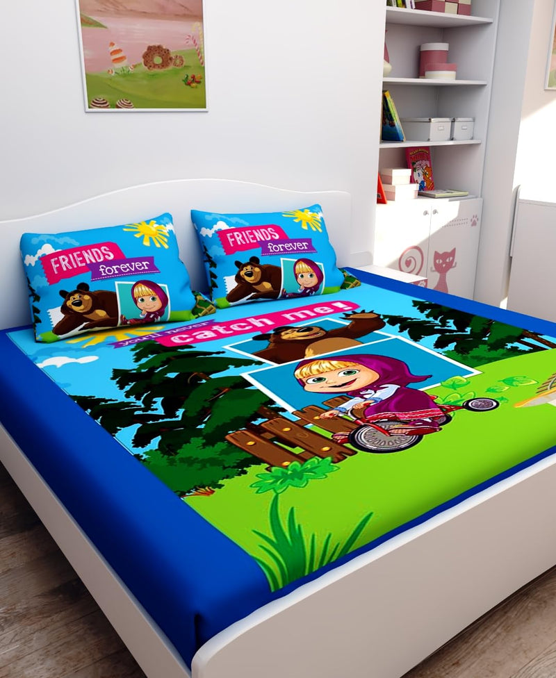 Athom Living Masha and The Bear Digital Printed Cotton Kids Double Bedsheet 270x270 cm with Set of 2 Pillow Cover