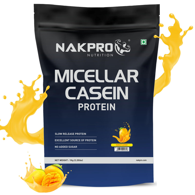 NAKPRO 100% Micellar Casein Protein Supplement |25g Protein, 9.91g EAAs, 4.83g BCAAs| Slow Absorbing Micellar Casein Protein Powder (Mango, 1 Kg)