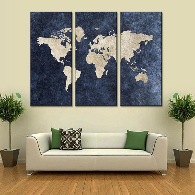 TECHBITE Multiple frames Split Painting on 5 mm White Sun board. World Map on Navy Panels wall art - 3 Frames Wall Decor. Ready to hang (36x28)