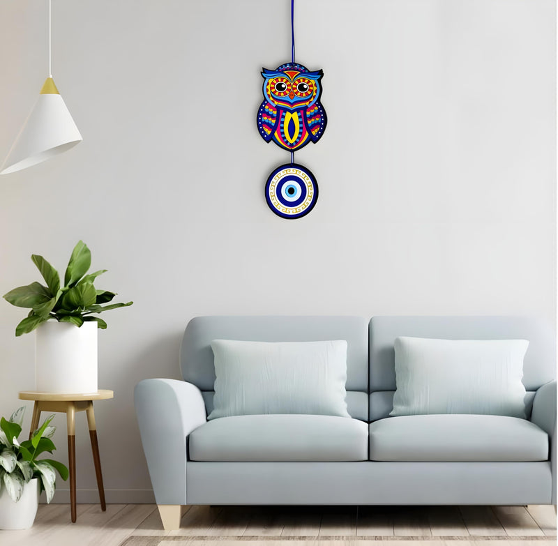 Blue Wooden Owl Hanging Chime Decoration with Evil Eye Theme