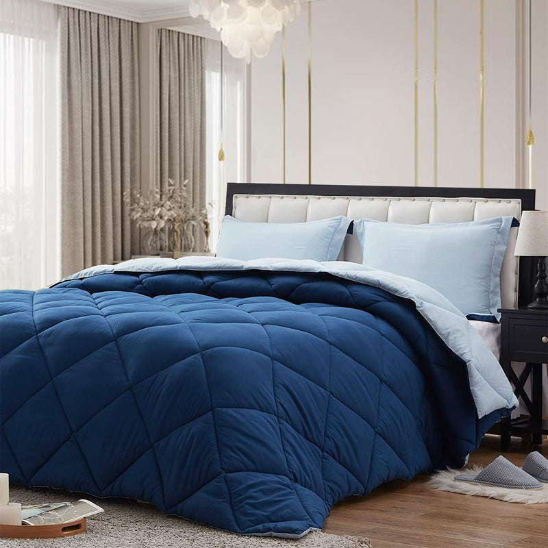 SOVOMA Microfiber Reversible AC Winter Quilt Comforter Blanket for Single Bed Queen Size (Single Bed, Dark Blue & Sky Blue)