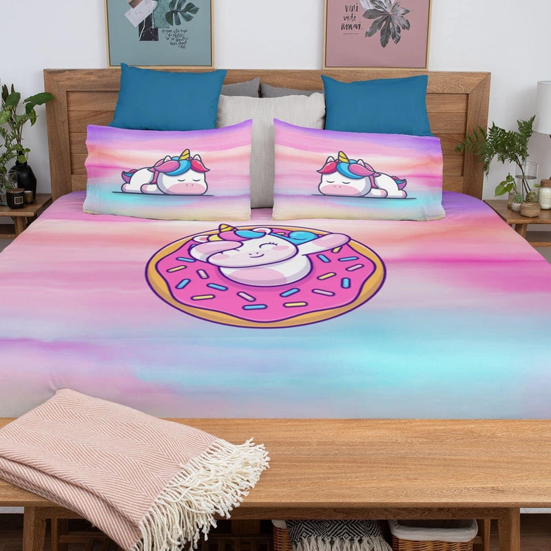 Hopcara Birthday Gifts Velvet Designer Kids Donut Unicorn Printed Double King Size Bedsheet (100x100 Inches/250CT) with 2 Matching Pillow Covers