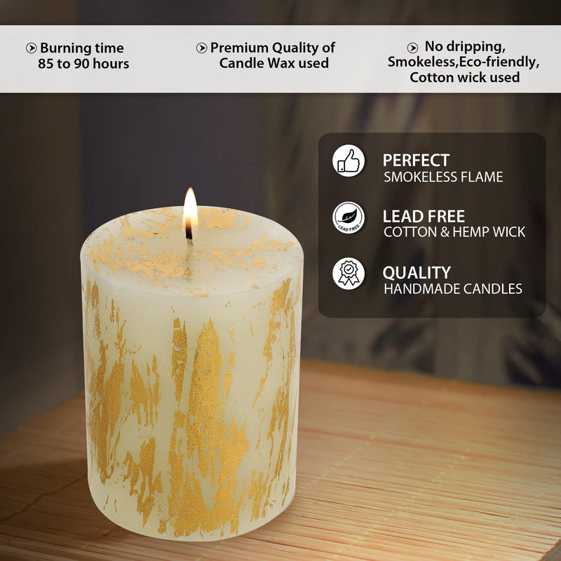 Oceann Gloww Scented White Pillar Candle with Royal Holographic Gold Foil I Dripless I Smokeless I Set of 3 I 3x6 inch I for Home Decor