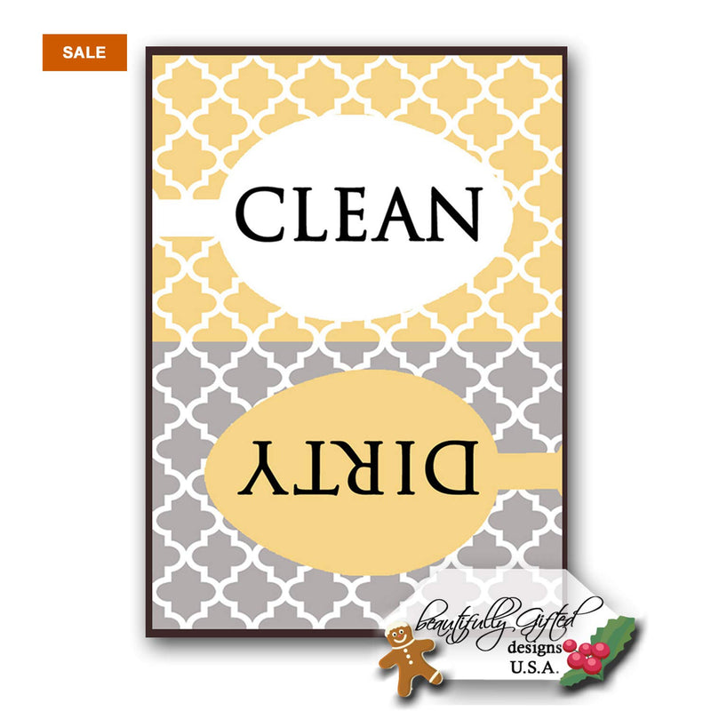 Clean Dirty Dishwasher Magnet Sign for Dishes - Elegant Quatrefoil Moroccan Trellis Modern Pattern - Grey Yellow - 2.5 x 3.5 - Housewarming and Gag Gift Idea / Stocking Stuffers for Men Women & Teens