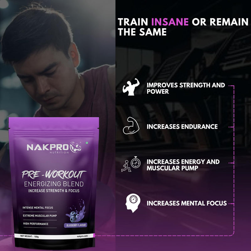 Nakpro Pre Workout Supplement (Blueberry, 100g Powder) with 100mg Caffeine, 1200mg Creatine Monohydrate and 1200mg Citrulline|Helps in Lean Muscle Building, Improves Workout Performance - 20 Servings