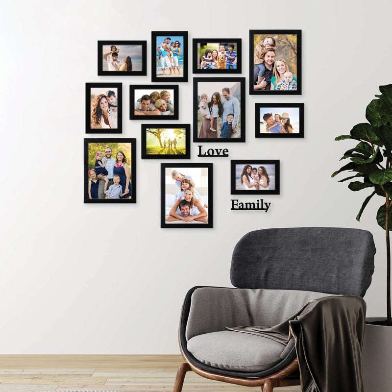 Amazon Brand - Solimo Black Photo Frames Set of 12 ( 5 X 7 inch - 8 Pcs & 8 x 10 inch - 4 pcs) with Two plaque " Family" & "Love"