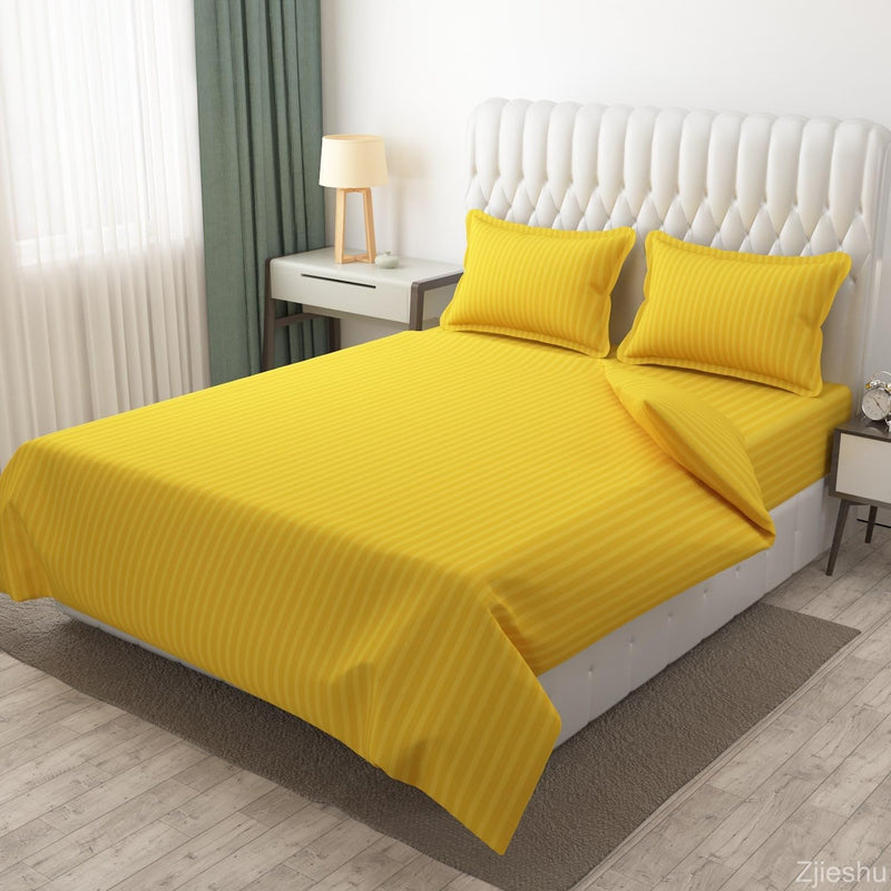 Cool Dealzz TC 300TC Pure Cotton Plain Stripe Queen Size Double Bedsheet for Double Bed with Two Pillow Covers (King, Yellow) (95x95 Inches)