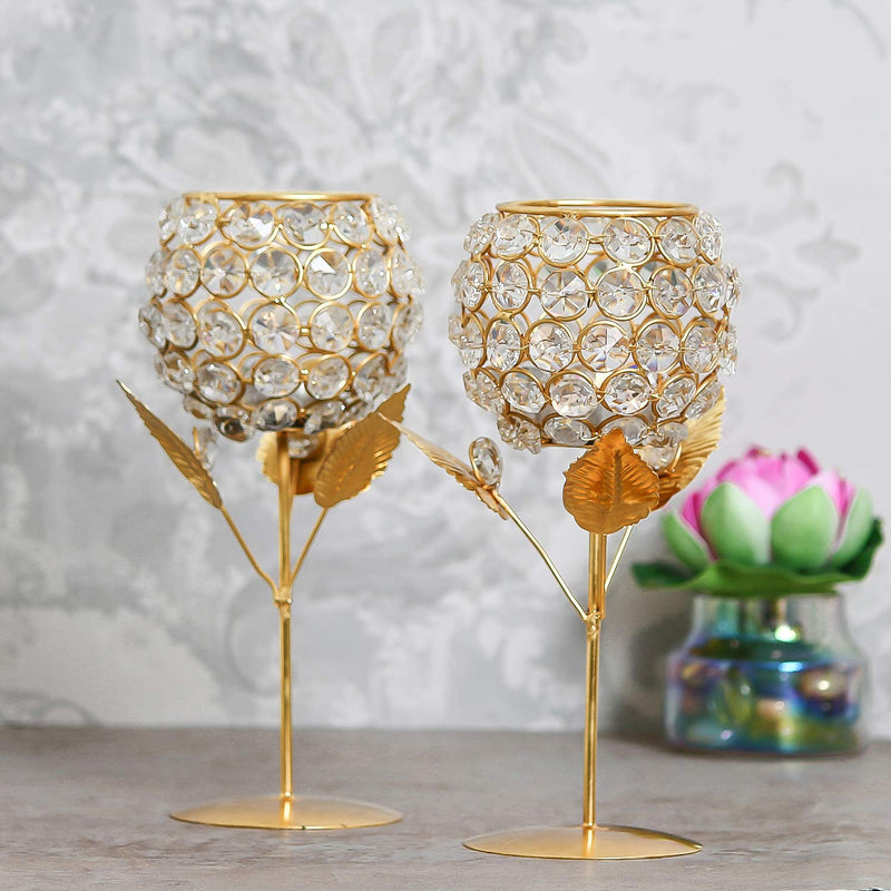 WebelKart New Premium Crystal Rose Brass Candle Holder for Decoration - Set of 2 (8.50 in) Candle Stand for Diwali