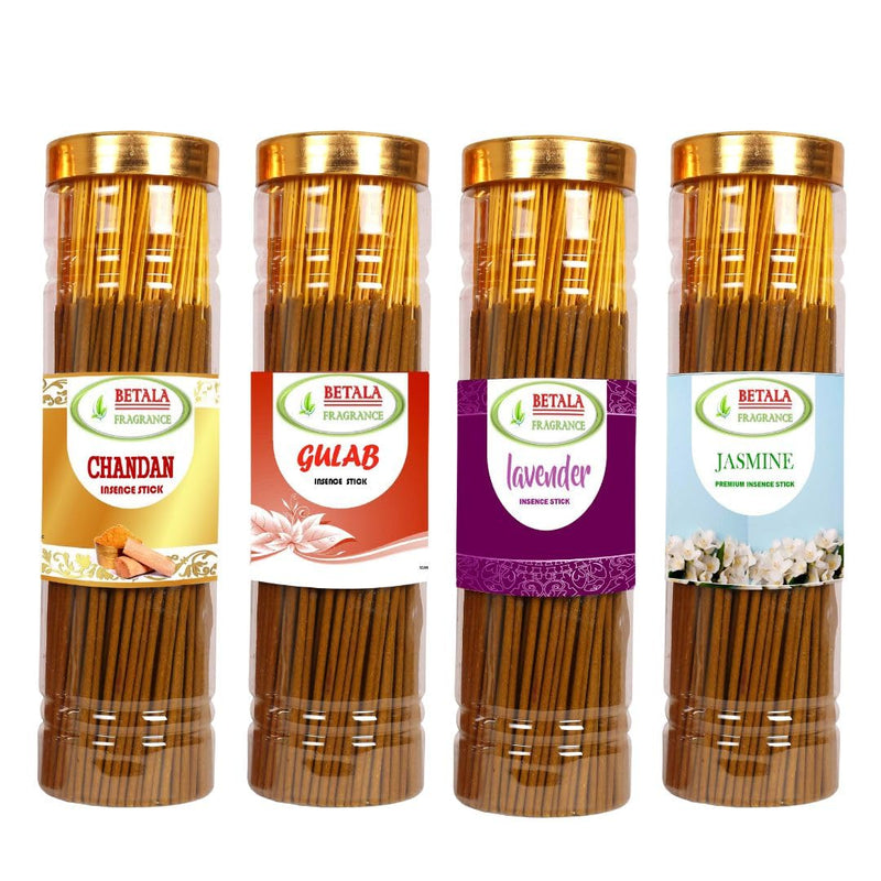 Betala Fragrance 4 in 1 Flavour Agarbatti for Pooja, 4 Packs of 100 Gm Incense Sticks (60 Batti in Each) (Chandan, Gulab, Jasmine, Lavender)