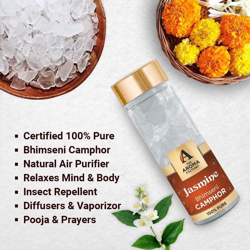 The Aroma Factory Pure Bhimseni Camphor, Jasmine, Zero Residue Kapoor with Fragrance for Pooja, Aarti Kapur | Bottle Pack of 1 x 80gm