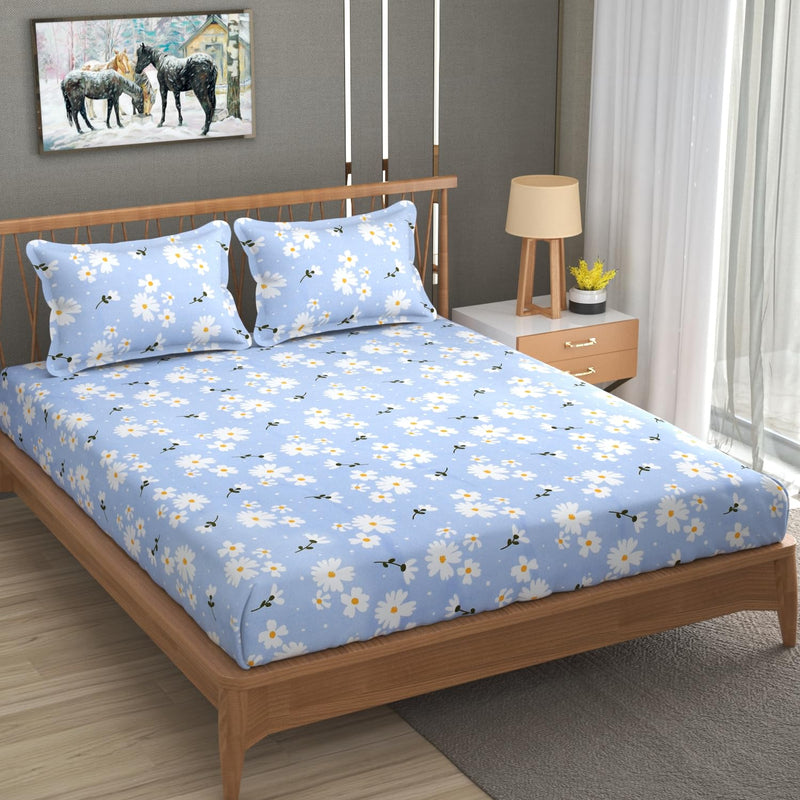 MallowWorld Fitted Bedsheet, Elastic Fitted Bedsheets with Cotton Feel Premium Glace Cotton Queen Size Elastic Fitted Bedsheet with 2 Pillow Covers (Blue Flower) Size 72 x 60 x 8 inch