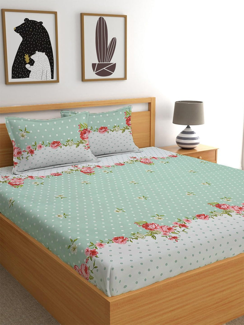 LOOMLYFE Cotton Feel Glace Cotton Elastic Fitted Printed Queen Size Double Bed Bedsheet with 2 Pillow Covers Fits Upto 8 inches Mattress,Size- 60x78x10 Inches,Green Center Flower