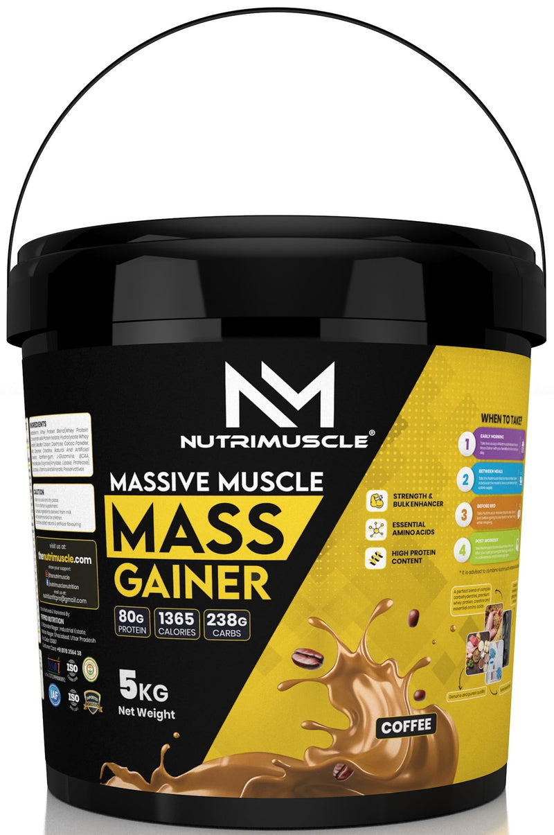 Nutrimuscle Massive Muscle Mass Gainer- 5 kg - COFFEE Flavour for Mass, Muscle, Power & Strength Gain - Contains Complex Carbohydrates, Whey Protein, BCAA , Digestive Enzymes & Essential Vitamins & Minerals - Also Contains Nutrimuscle CREATINE MONOHYDRATE