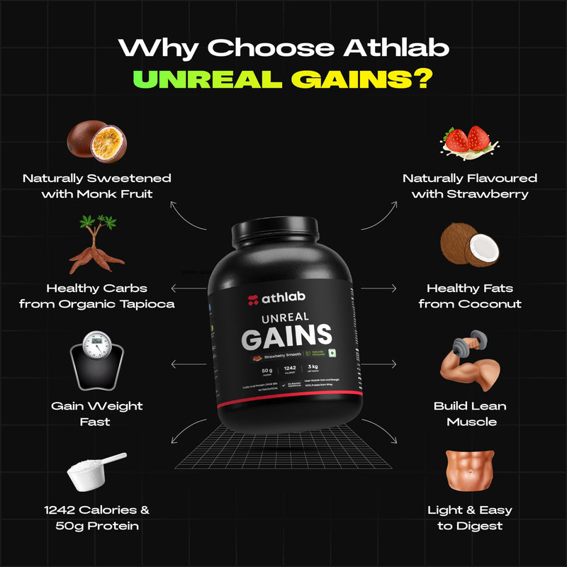 Athlab (by Nutrabay) Unreal Gains Mass Gainer | Organic Tapioca, Naturally Flavoured & Sweetened with Monk Fruit | 50g Protein, 1242 Caloreis, Easy Digesting Weight Gain Protein Powder - Strawberry Smooth, 3 kg