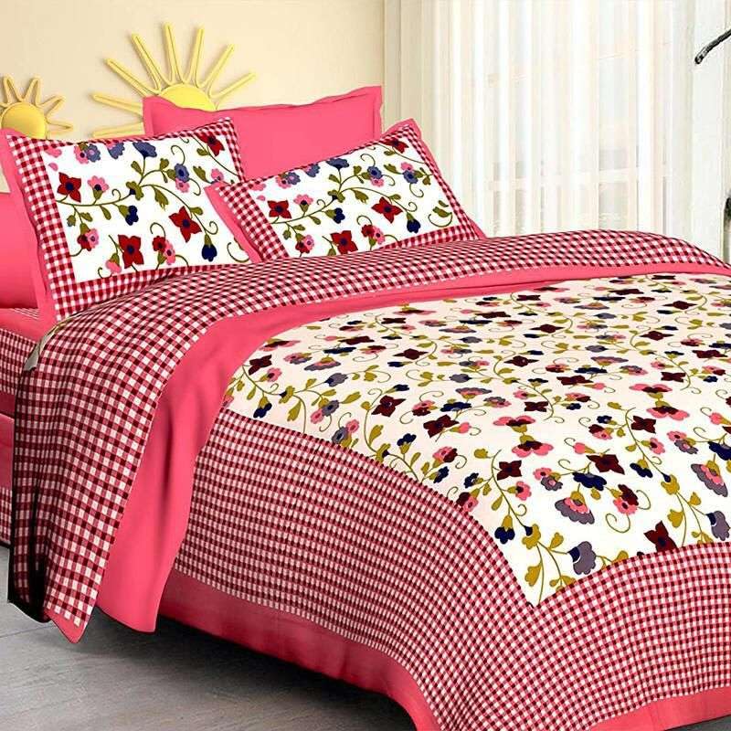 140Tc Pure Cotton Double BedSheet with Two Pillow Covers | 90 X 100 Inches |EXL-102|(Pink)