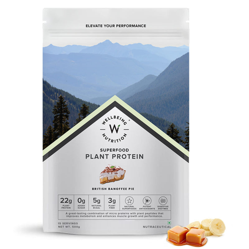 Wellbeing Nutrition Organic Vegan Plant Protein Isolate Powder | 22g Protein, 5g BCAA European Pea & Brown Rice Protein | Superfoods, Fiber for Muscle Growth & Recovery | British Banoffee Pie -500gm