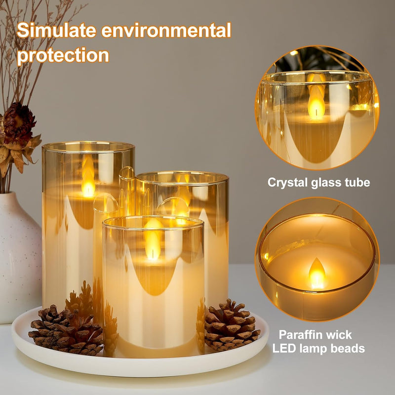 ZODZE Glass Flameless Candles Battery Operated with Remote Control, Set of 3 Flickering LED Pillar Candles, Pure White Wax D 3" H 4" 5" 6" Gold (Amber)