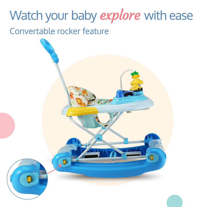 LuvLap Comfy 2-in-1 Baby Walker & Rocker with Parental Push Handle, Anti Fall, Anti Skid Mechanism, Height Adjustable with Light, Rattle & Musical Toys, Cushioned Walker for Baby 6-18months (Blue)