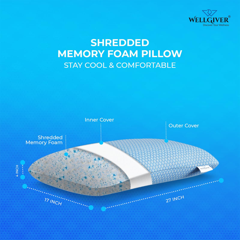 WELLGIVER Premium Pillow for Sleeping - Shredded Memory Foam Fill Washable Blue Jacquard Cover for Side, Back, Stomach Sleepers | Size 27 x 17 | Blue