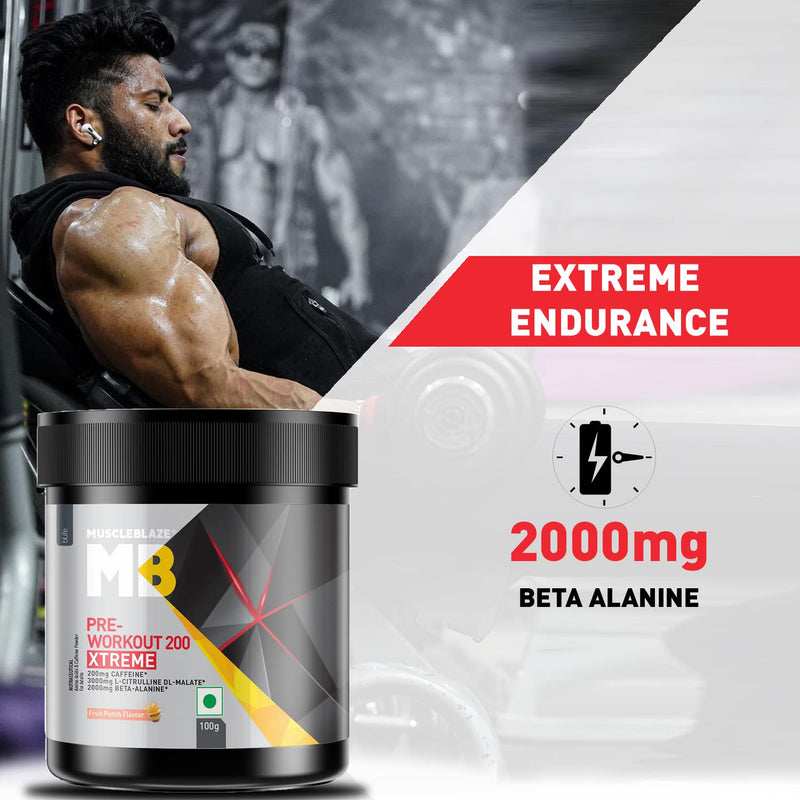 MuscleBlaze Pre Workout (Fruit Punch, Pack of 100 g powder, 15 Servings) 200 Xtreme, 200mg Caffeine, 200mg Theanine, 2000mg Beta Alanine, 3000mg Citrulline