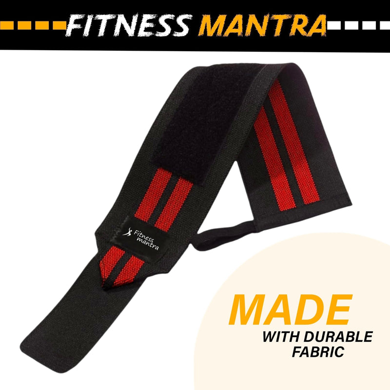 Fitness Mantra® Wrist Band for Men & Women Gym Accessories|Wrist Supporter|Wrist Wrap|Wrist Strap|Hand Grip Band|Weight Lifting Band|WristElastic Band|Size:- 18 x 3 Inches|Color Red|