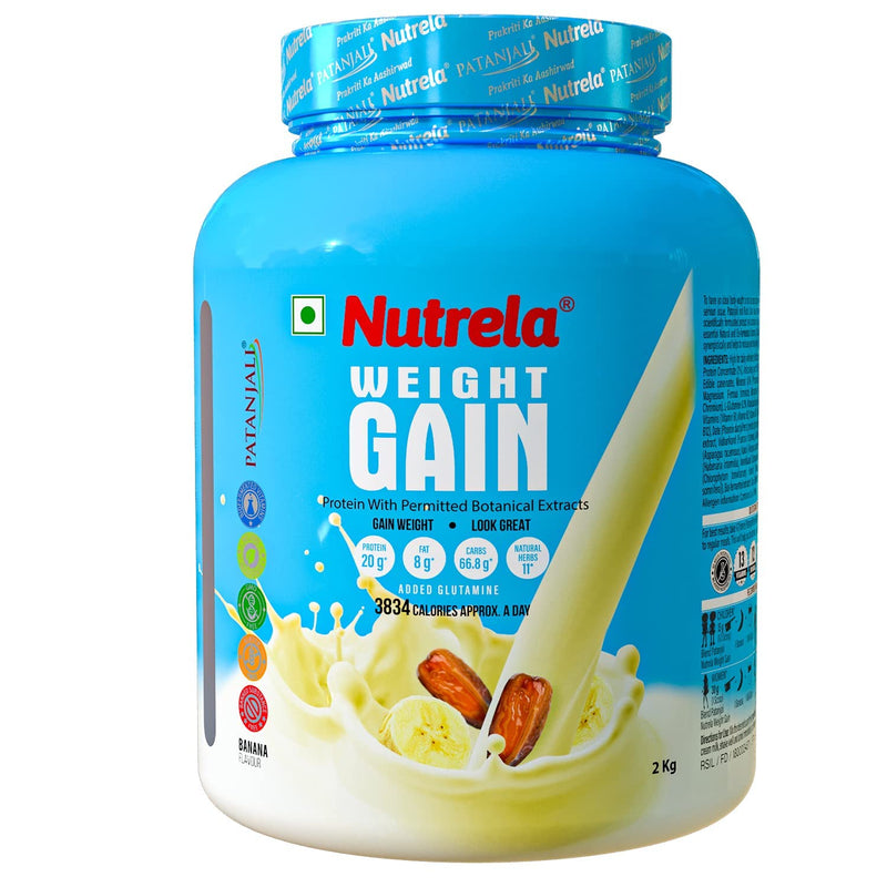 Nutrela Weight Gainer - 2KG | 20g Protein, 66.8 Carbs & 3834gm Calories | Ideal for Athlete, Men, Women & Kids - Banana Flavour