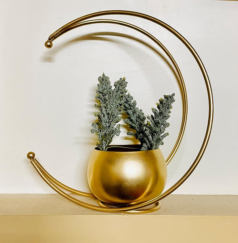 Afiya Impex Metal Flower Vase with Gold Finish | Geometric Half Moon Design Flower Pot Stand | Table Top Decorative Flower Pot | Gold Metal Flower Vase for Home and Office Side Table Decoration