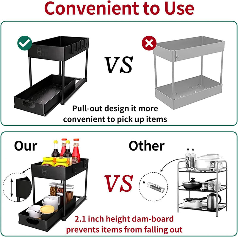 House of Quirk Plastic Under Sliding Cabinet Rectangular Shape Basket Organizer,2 Tier Storage Under Cabinet Bathroom Under Sink Organizers And Storage Under Sink Storage For Bathroom Kitchen (Black)