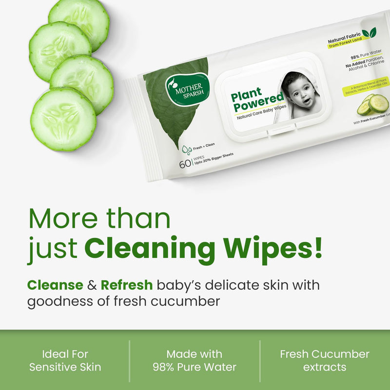 Mother Sparsh Natural Care Baby Wipes I 100% Plant Made Fabric From Forest Land | Plant Powered Wet Wipes with Cucumber Extract For Baby I Cotton Cloth Like Bigger Sheets | 60 Pcs (Pack of 4)