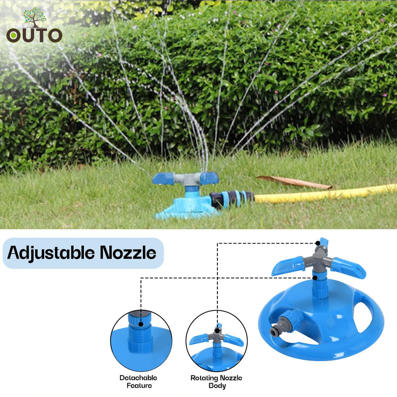 OUTO Automatic Garden Sprinkler 360 Degree Rotating Adjustable 3 Arm Water Sprayer for Watering Plants Outdoor Lawn Yard Irrigation System (Coverage Upto 2000 sqft)