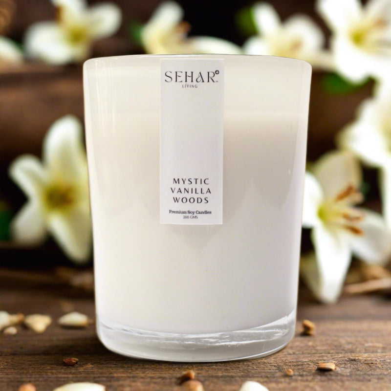 Sehar Living Enchanted Elegance Collection - Mystic Vanilla Woods | 200 Gm | Pure Soy Wax | Burn Time - 40-50 Hours | Reusable Glass Jar | Long Lasting | Clean Burning | Hand Poured