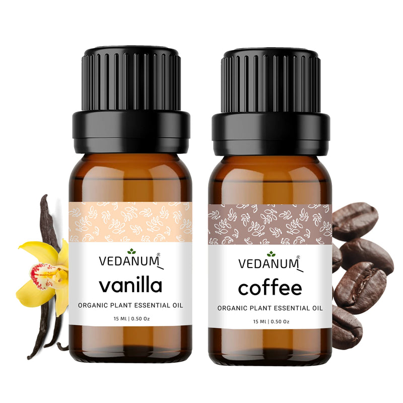 VEDANUM Premium Essential Oil for Aromatherapy, Oil Diffuser, Aroma Burner, Home D�cor Activities - 15 ML Organic Concentrate ||Pack Of 2|| (Coffee and Vanilla)