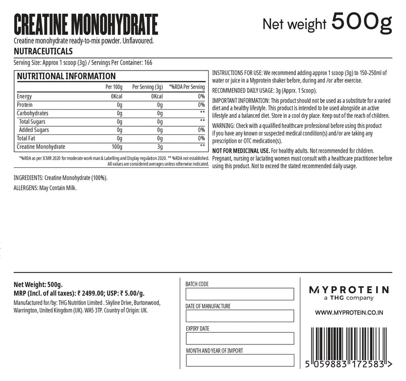 MyProtein Pure Creatine Monohydrate Powder (Unflavoured - 500 Gram, 166 Serves) 100% Creatine Monohydrate per serve Build Muscle - Increase Muscle Power, Boost Strength & Enhance Performance