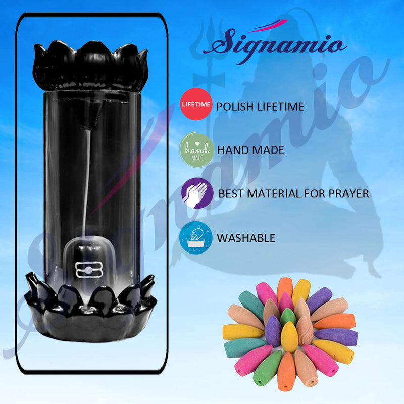 SIGNAMIO Ceramic Back Flow Incense Holder Shiv Ling Incense Burner With 30 Back Flow Incense Cones , Aromatherapy Ornament Home Decor-1-Pcs/30 Cones-D-S1212(Conical, Glass Shivling - 01)