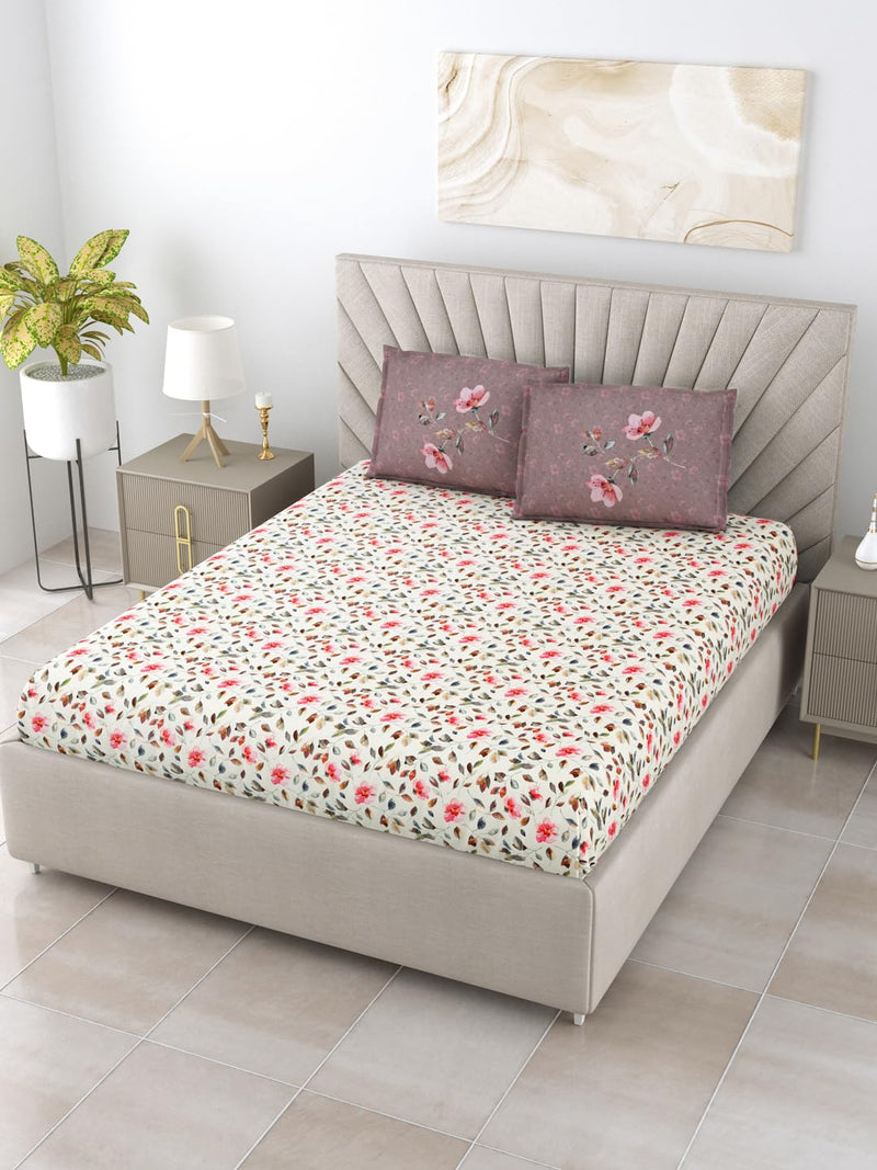 Salona Bichona Pink & Cream Floral Printed Cotton 300 Tc King Size Bedsheet with 2 Pillow Covers