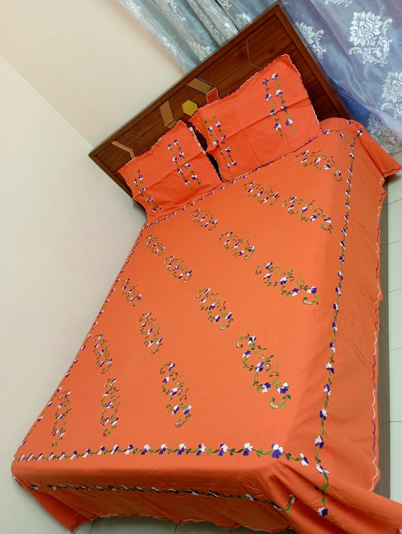 Nice Things Queen Size Double Bed Handwork Embroidery Bedsheets 200 Thread Count Orange