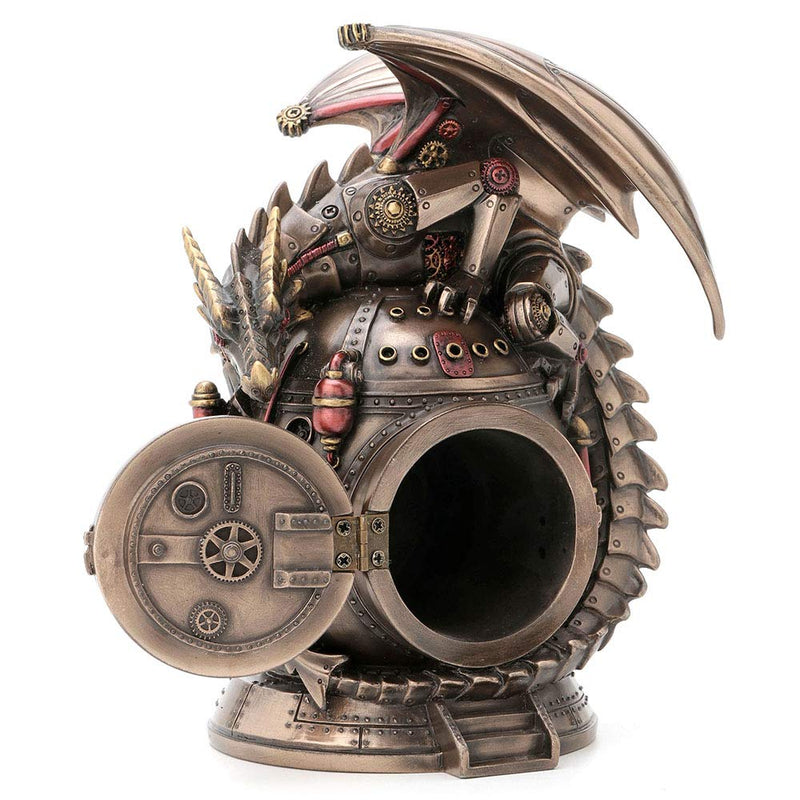 Veronese Design 7 Inch Steampunk Mechanical Dragon On The Time Machine Bank Vault Trinket Box Clock Antique Bronze Finish Statue