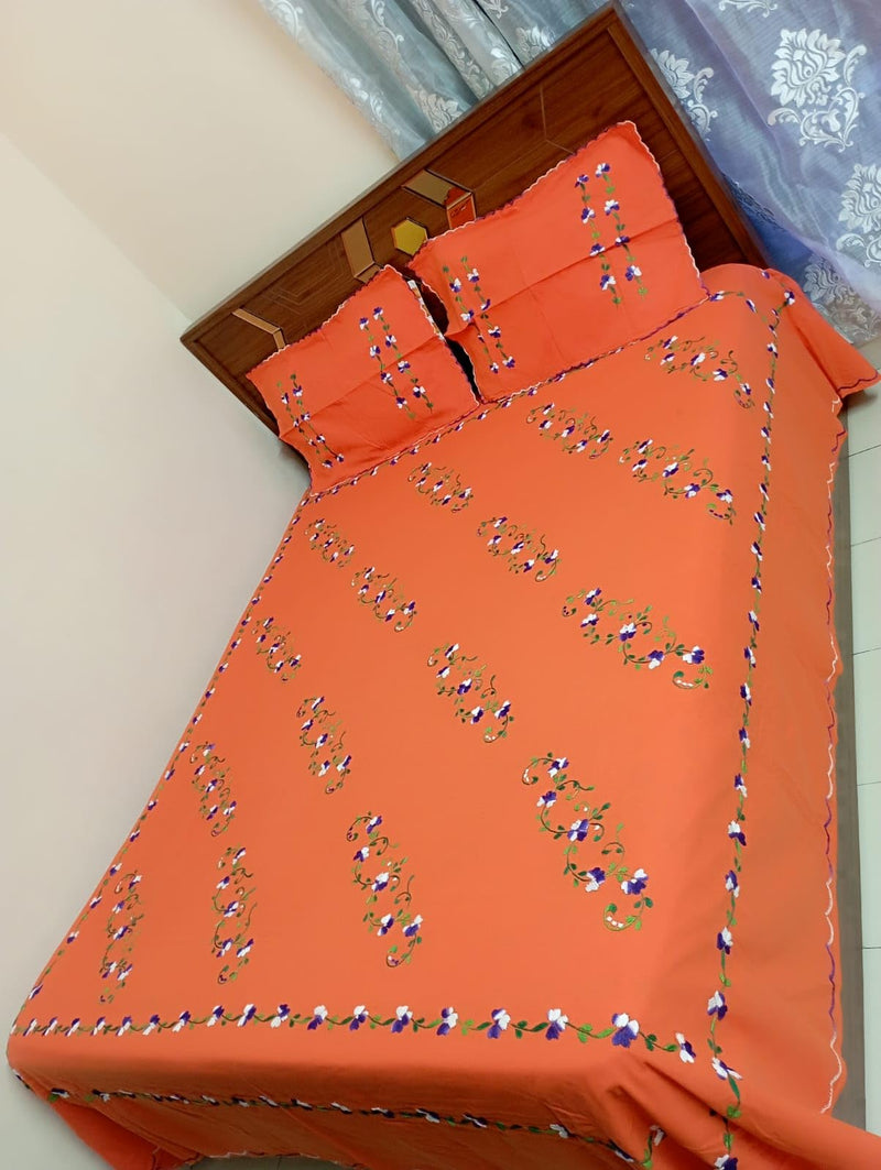 Nice Things Queen Size Double Bed Handwork Embroidery Bedsheets 200 Thread Count Orange