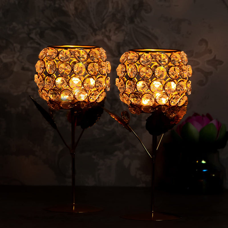 WebelKart New Premium Crystal Rose Brass Candle Holder for Decoration - Set of 2 (8.50 in) Candle Stand for Diwali