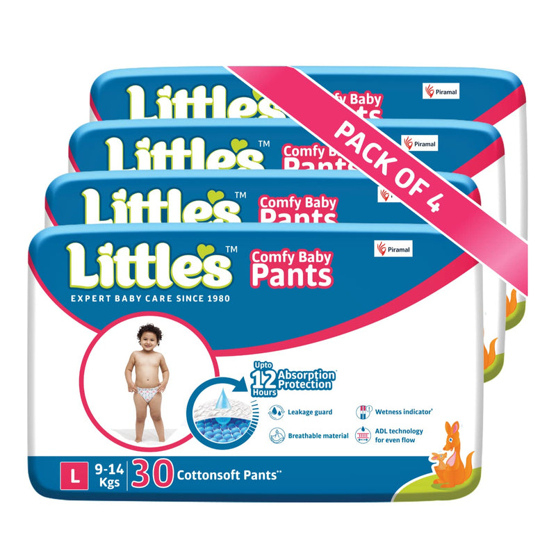 Little's Baby Pants Diapers with Wetness Indicator and 12 Hours Absorption, Large (L), 9-14 kg, 120 Count