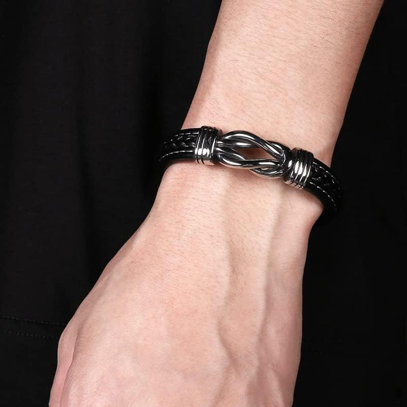 Fashion Frill Stylish Leather Bracelet For Men Stainless Steel Knot Black Bracelet For Menm Boys Love Gifts Mens Jewellery