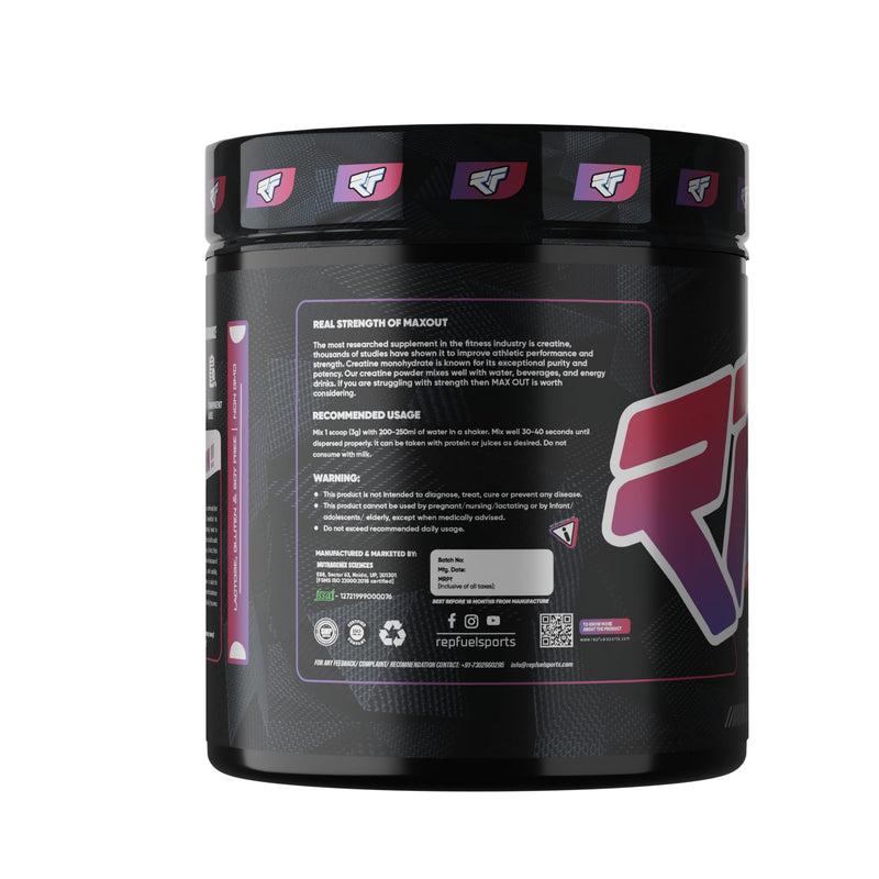 Repfuel Sports Max Out Creatine Monohydrate Powder(250g,83 Servings) | Unflavoured | 3g Creatine per serve | Fuels Your Daily Performance Need | Increases Strength | Improves Recovery Time