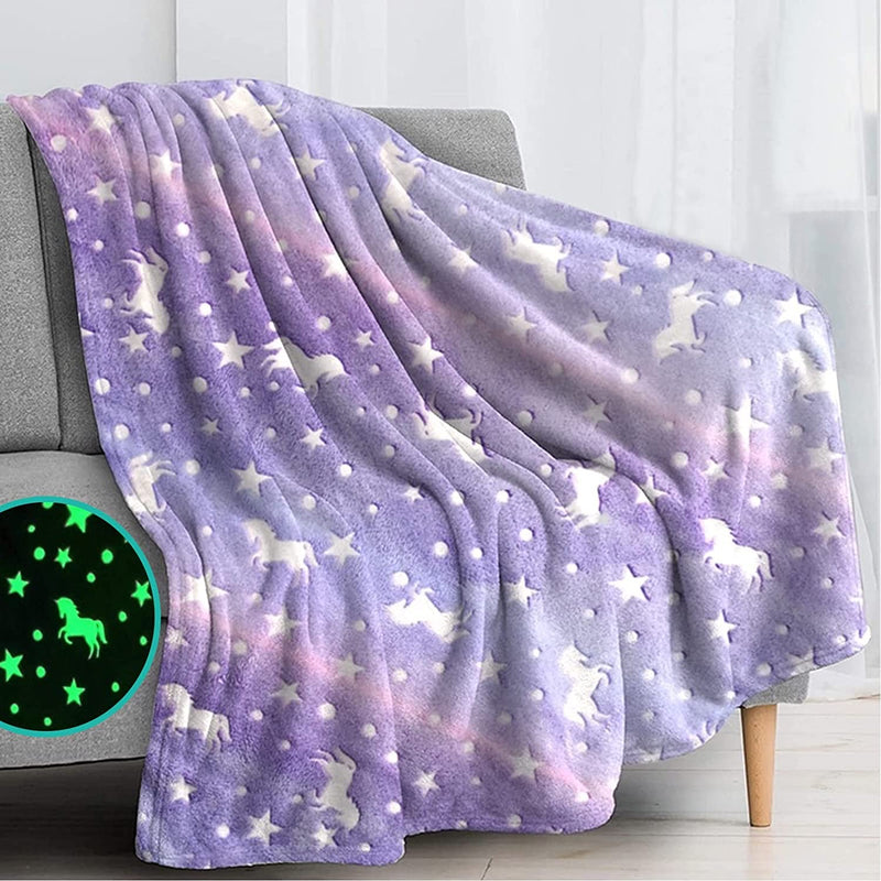 Happy Hues® Glow in The Dark Blanket Unicorn-70 x 60 inch/ 180 cm x 152cm Bedroom Décor for Toddler- Kids-Teens Boys & Girls Travel Lightweight Throw Blankets Soft & Fluffy-Purple, Polyester