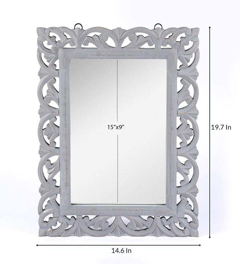 THE URBAN STORE Decorative & Handcrafted Distressed Grey Finished Wooden Wall Mirror, 50 x 37 x 2 CM