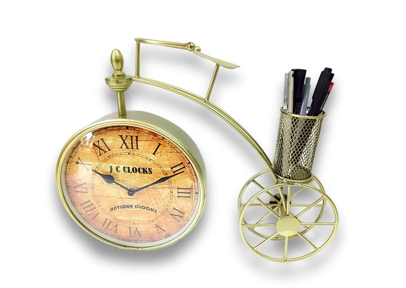 Ejunction Antique Metal Multiuse Pen Pencil/Flower Pot/Cutlery Table Stand Showpiece with 8inch Dial Clock for Home/Office/Café/Hotel/Restaurant etc (LxBxH 42cmx6cmx32cm) (Golden)