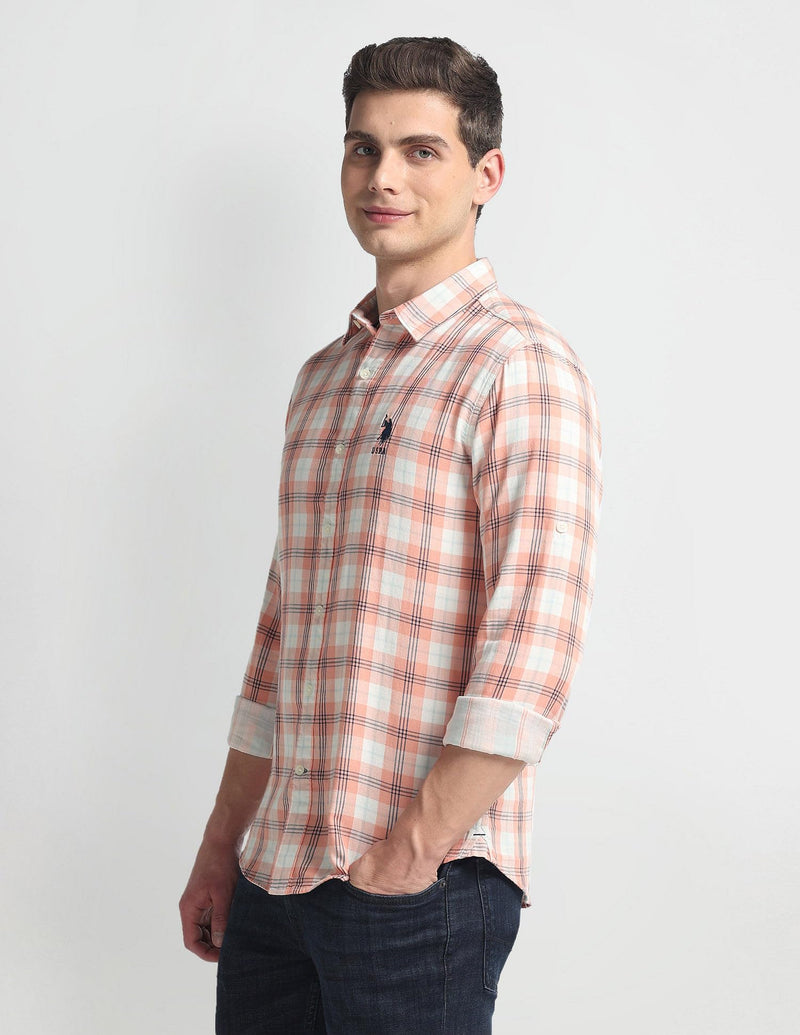 U.S. POLO ASSN. Men's Checkered Slim Fit Shirt (UDSHT0931_Peach