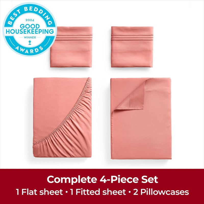 Mellanni Extra Deep Pocket California King Sheets - Iconic Collection Bedding Sheets & Pillowcases - Hotel Luxury, Ultra Soft, Cooling Bed Sheets - Extra Deep Pocket up to 21" - 4 PC (Cal King, Coral)