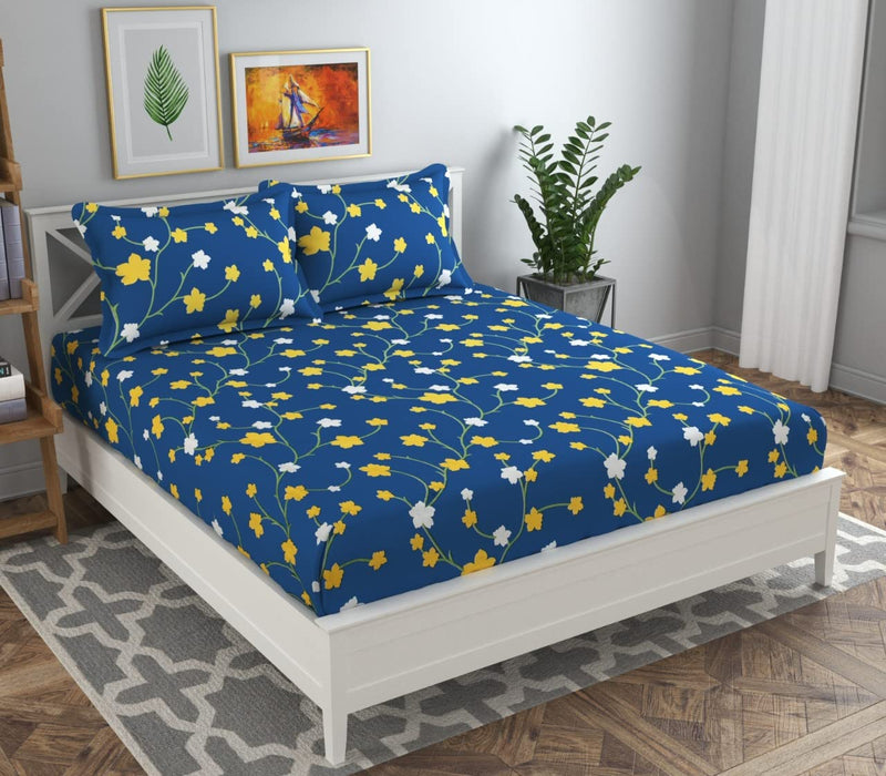 BSB HOME 100% Microfiber Flat Double Bedsheets with 2 Pillow Covers | Double Bed Breathable | Wrinklefree | Ultrasoft 144 TC Supersoft |88" x 88" or 225x228 | Floral- Blue & Yellow