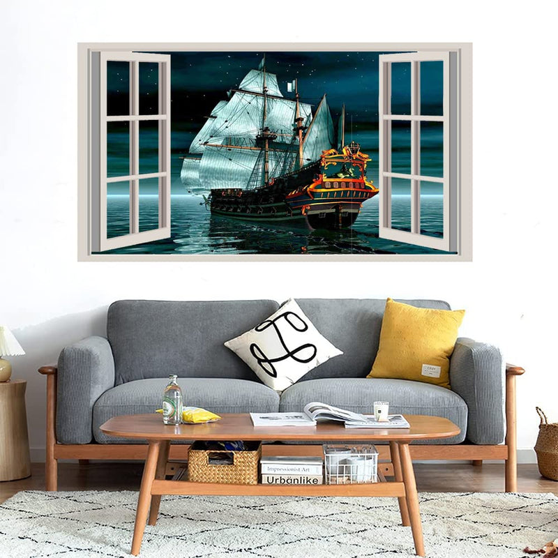 GADGETS WRAP Printed Wall Decal Sticker Fake Window Style Decal (90cm x 50cm) - Night Ship